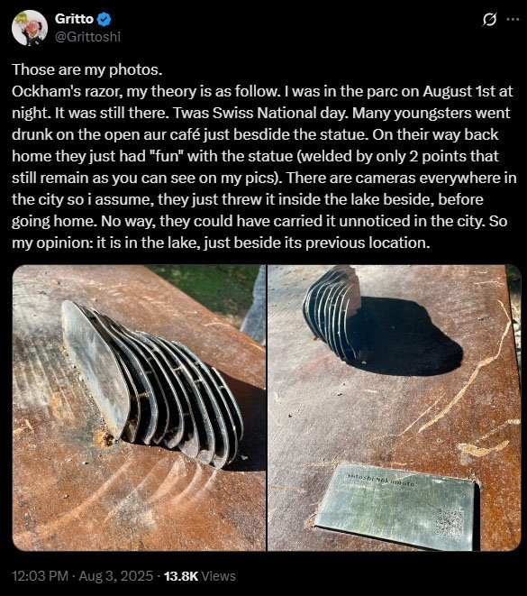 Satoshi Statue in Lugano Recovered Shortly After it Goes Missing 2 Gritto on X statue of satoshi